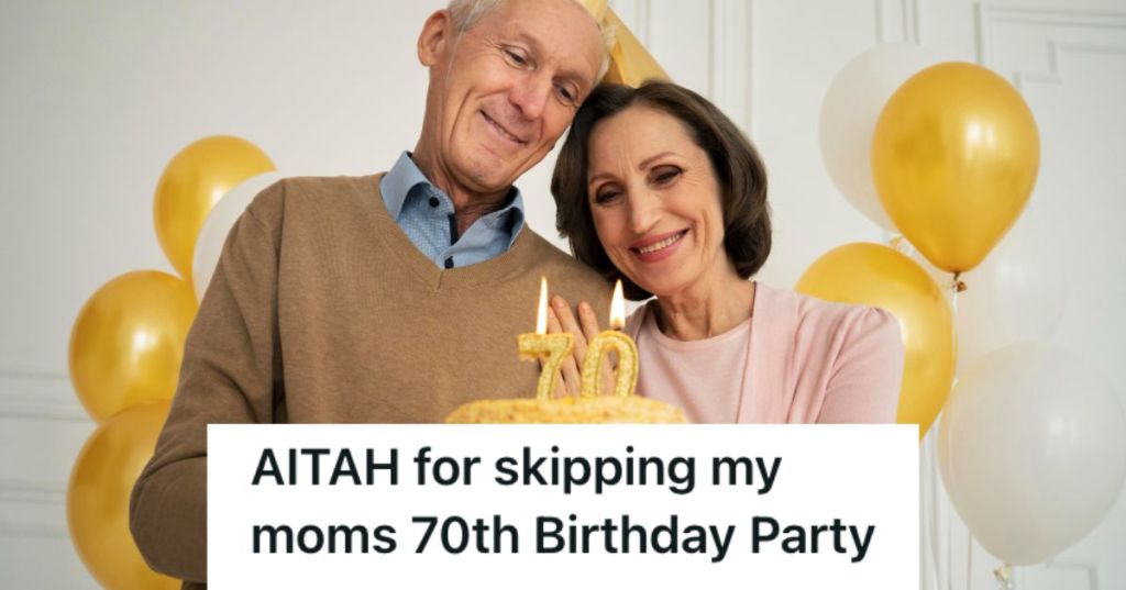 Old woman celebrating her 70th birthday and her husband is standing beside her with a cake