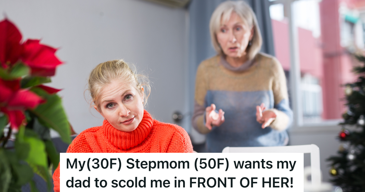 elderly woman mad at woman in red sweater