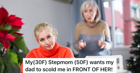 elderly woman mad at woman in red sweater