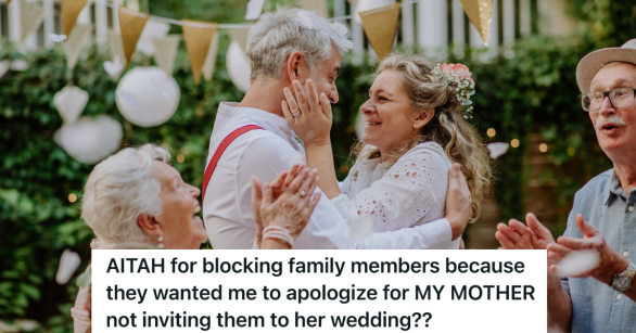 Mature bride and groom celebrating marriage with their family, outside in the backyard
