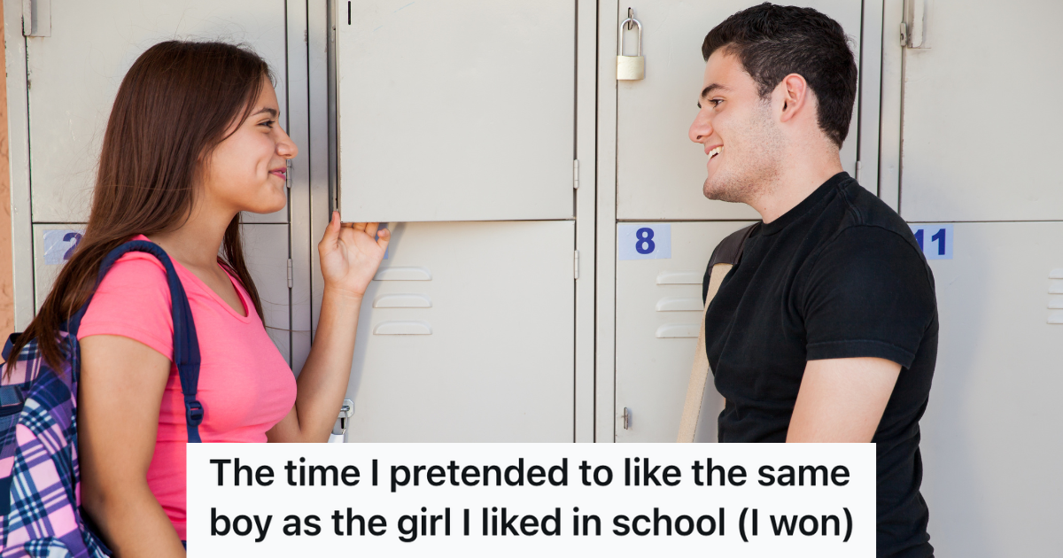teenage boy and girl flirting by school lockers