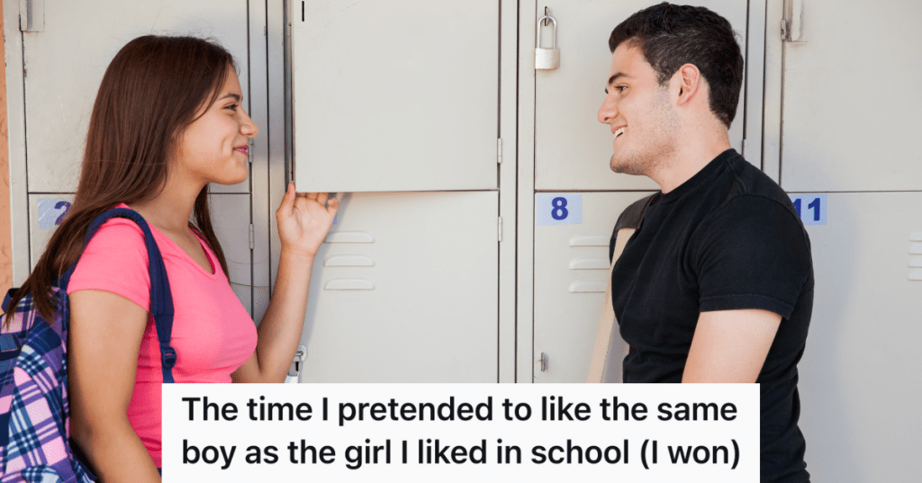 teenage boy and girl flirting by school lockers