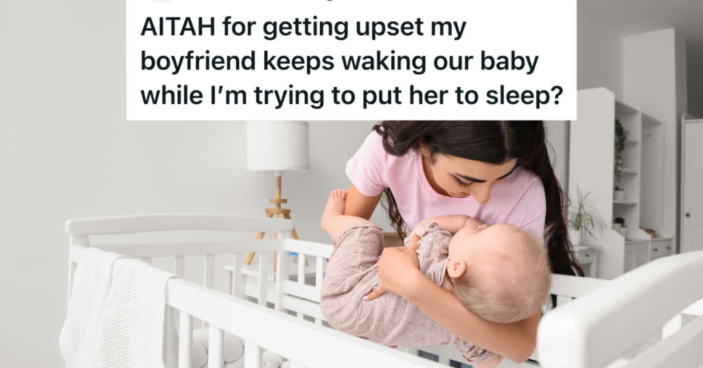 mom putting baby in crib