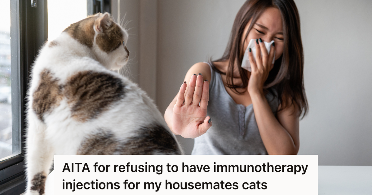 woman covering her face with a tissue while pushing cat away