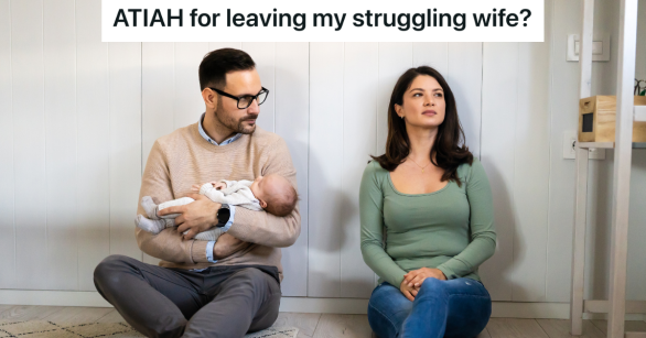 man holding baby sitting next to woman who looks depressed