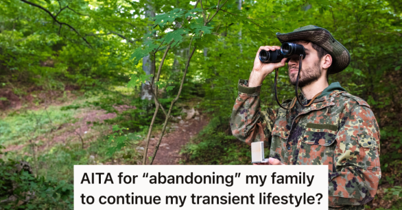 Forest ranger looking through binoculars while holding a compass
