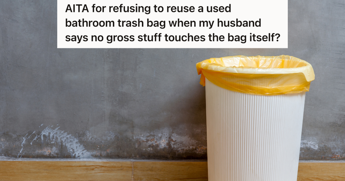 small white trashcan with yellow trash bag inside