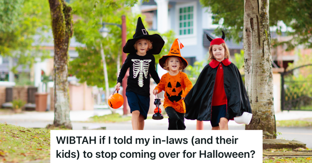 three kids in Halloween costumes