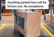 Someone Blocked An Electrical Box With A Pallet Holding Expensive Office Equipment, So A Supervisor Put It In The Trash Compactor