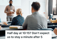 Two Men Arrive Late For A Lecture, So When The Supervisor Reprimands Them, They Insist On Leaving Right On Time