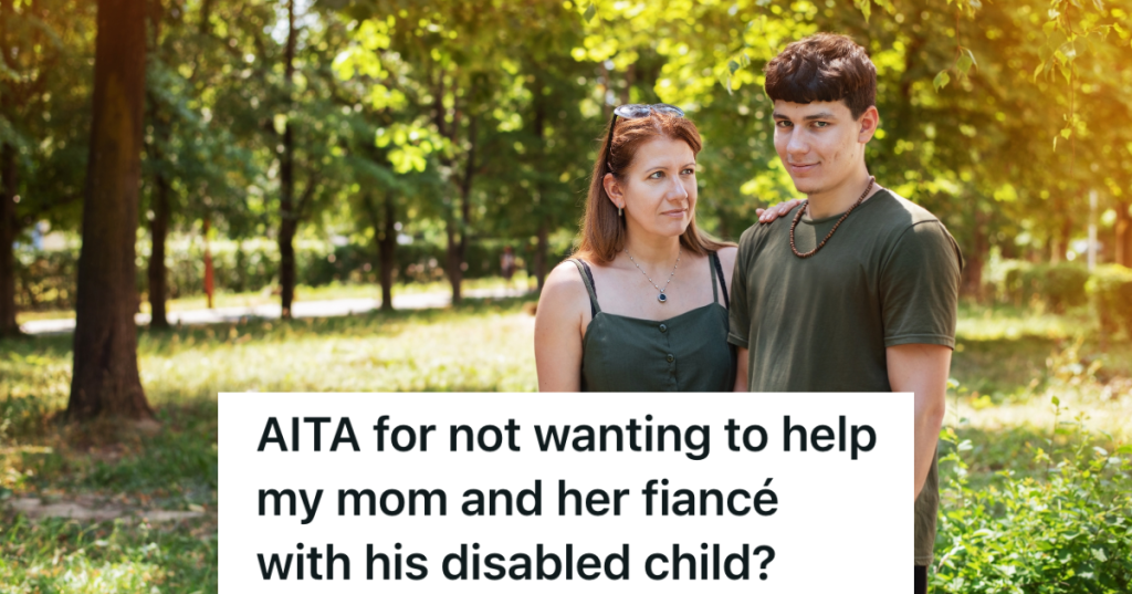 young man and his mother standing outside
