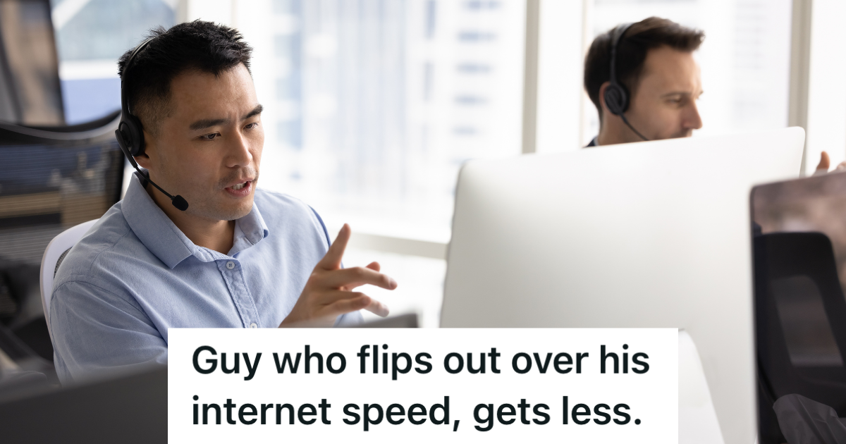 call center employee wearing a headset and looking at a computer