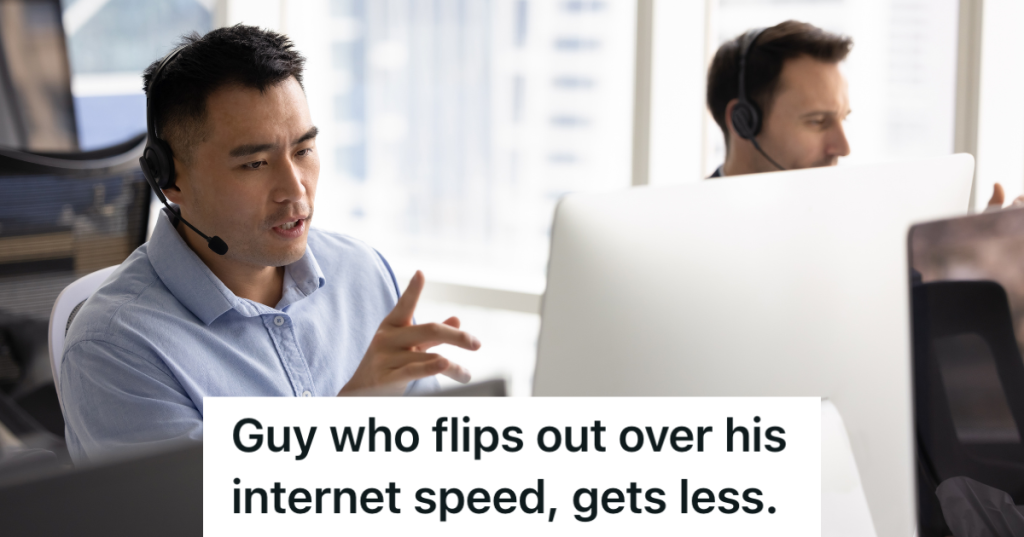 call center employee wearing a headset and looking at a computer