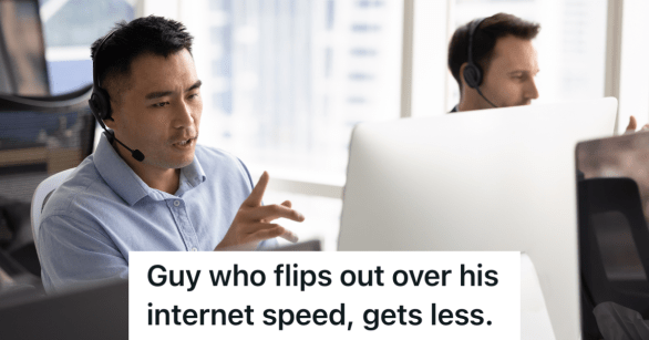 call center employee wearing a headset and looking at a computer