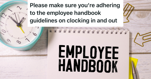 clock and notebook the reads "employee handbook"