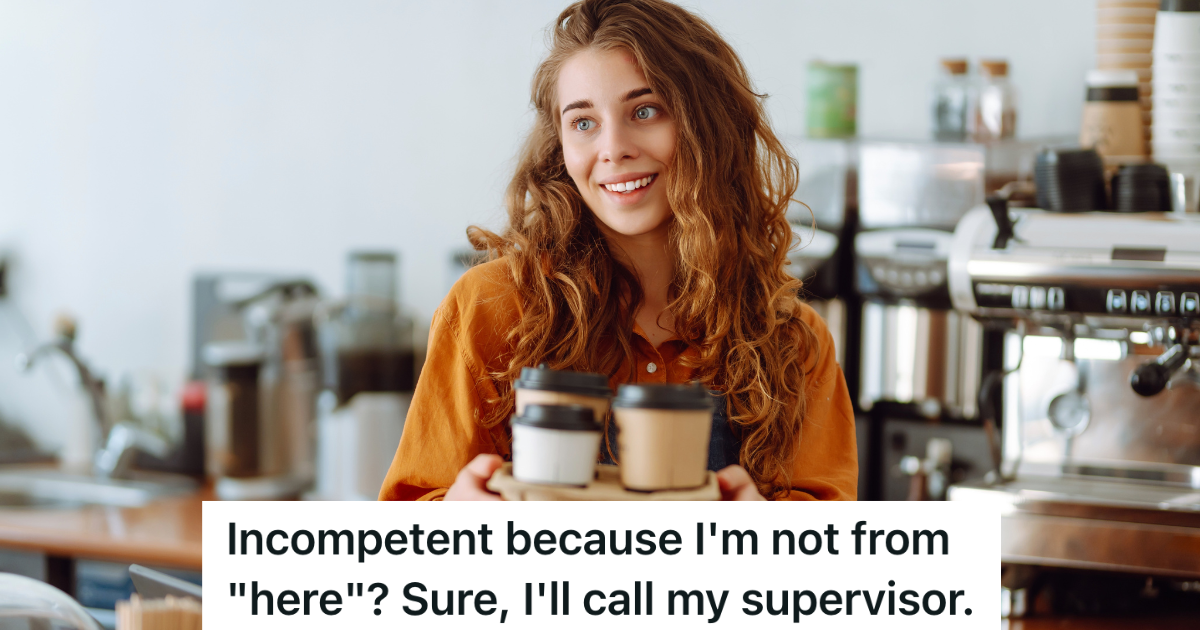 Snooty Customer Assumes Barista Is Incompetent When She Hears Her Working Class Accent, So She Asks To Speak To A Supervisor, Not Realizing Its Her Brother smiling female barista holding coffee cups