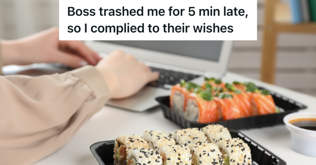 sushi trays next to woman working in office