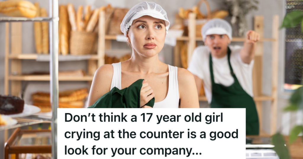 angry male employee yells at sad woman holding apron