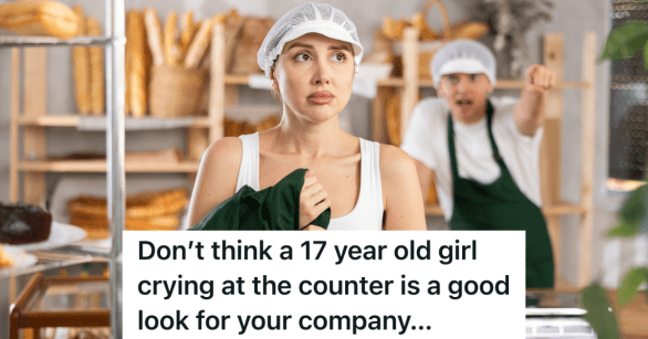 angry male employee yells at sad woman holding apron