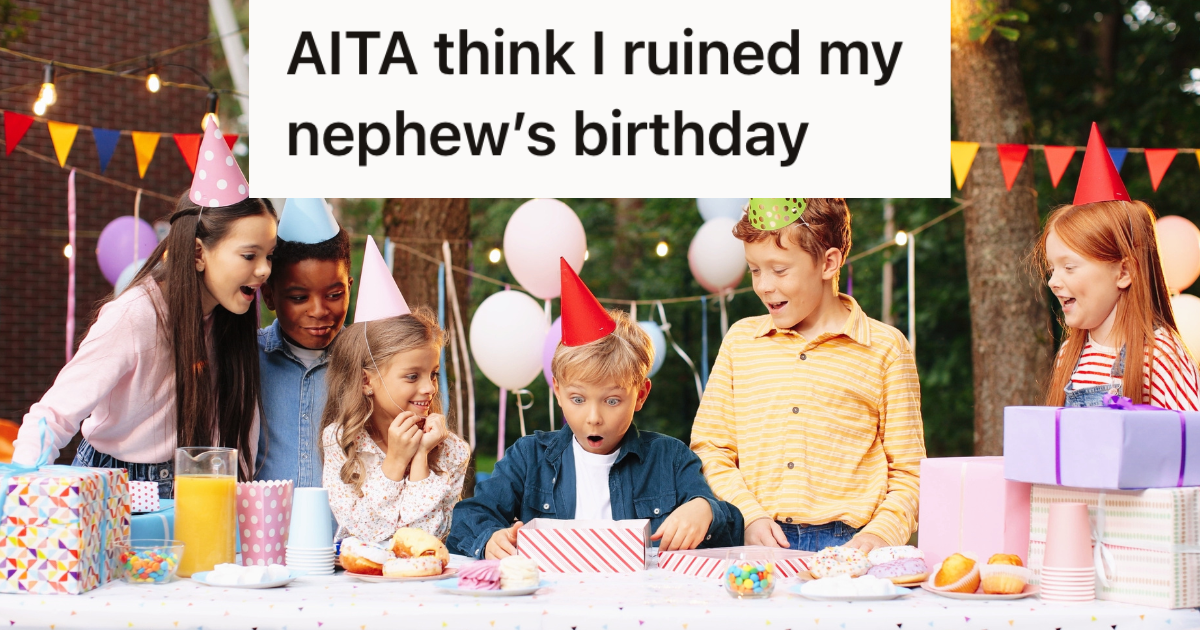 happy boy opening birthday presents while his friends watch
