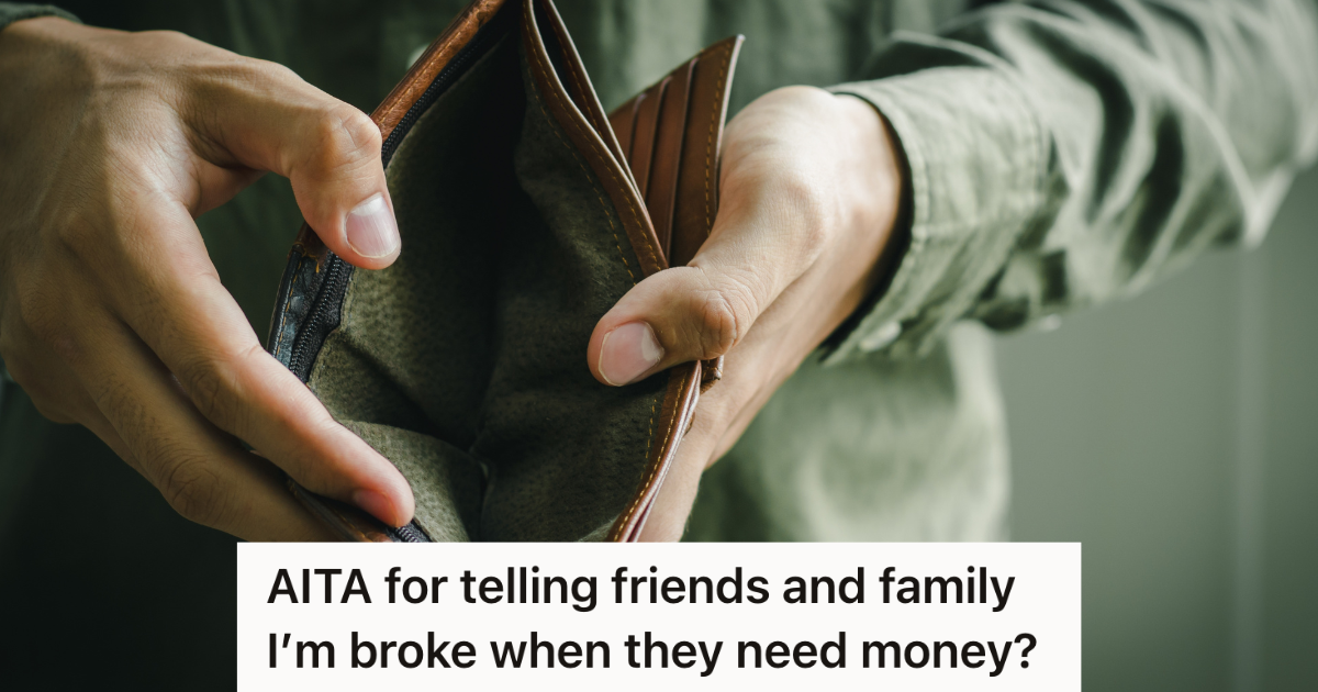 man holding open empty wallet