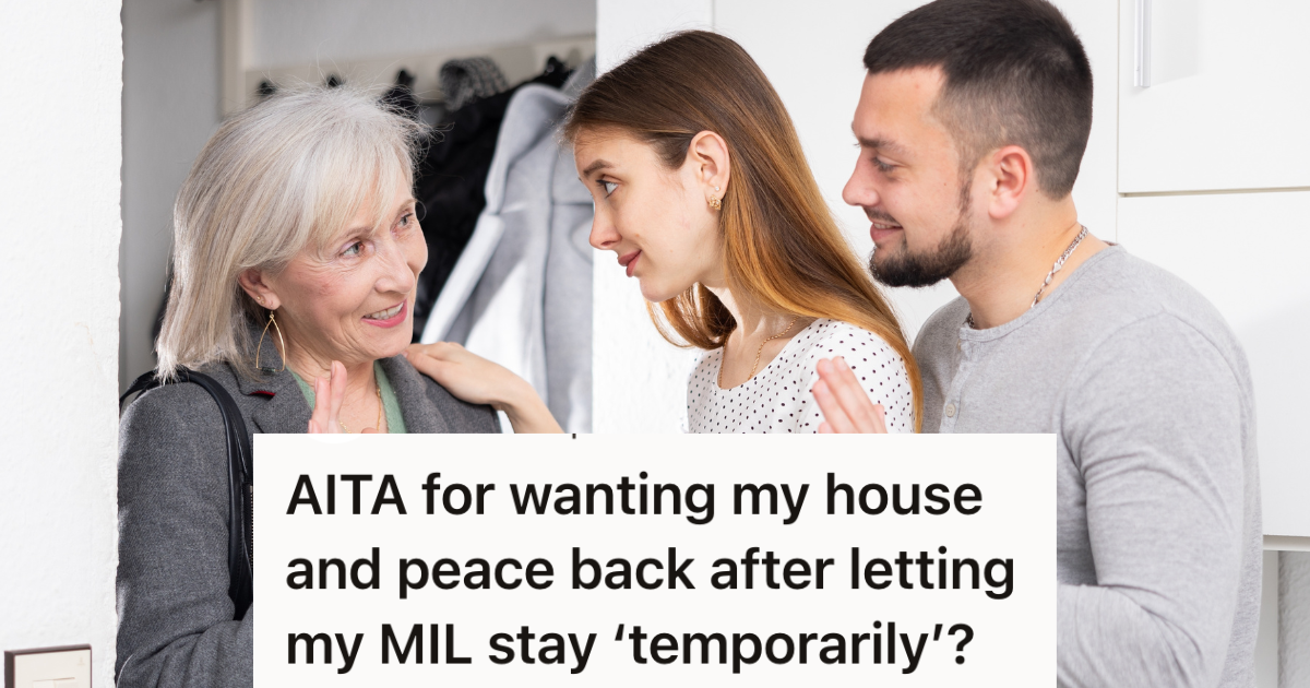 couple welcoming older woman to their home