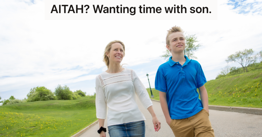 mom and teenage son walking outside