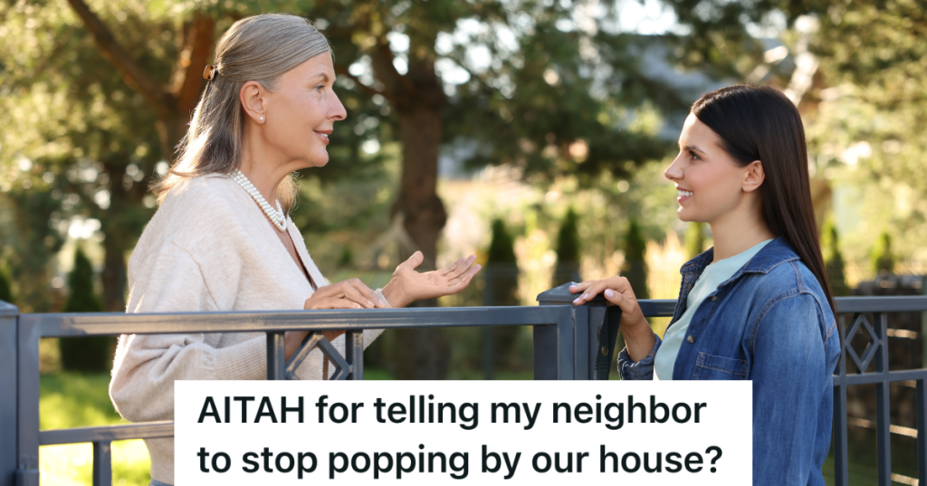 older and younger female neighbors talking over a fence
