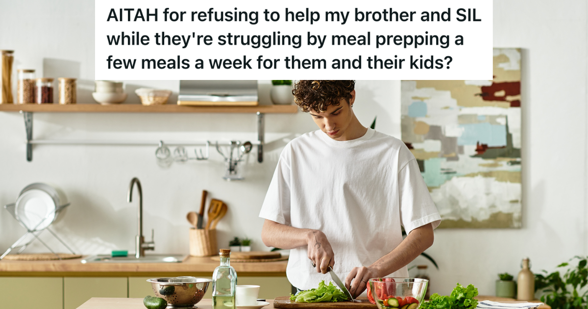 young man in kitchen chopping lettuce