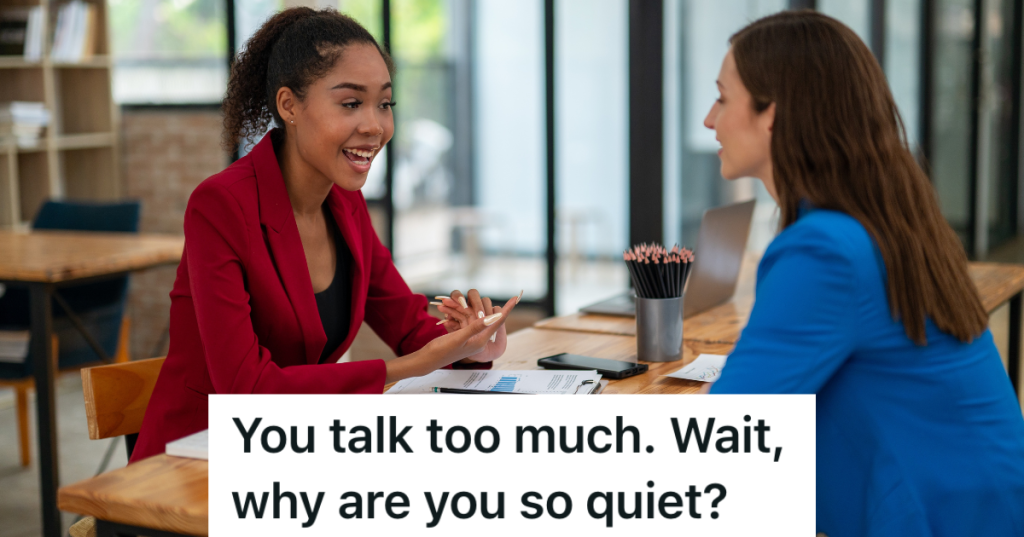 two women talking in an office