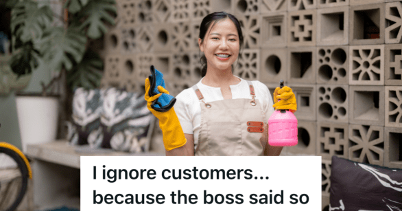 smiling woman standing outside holding cleaning supplies