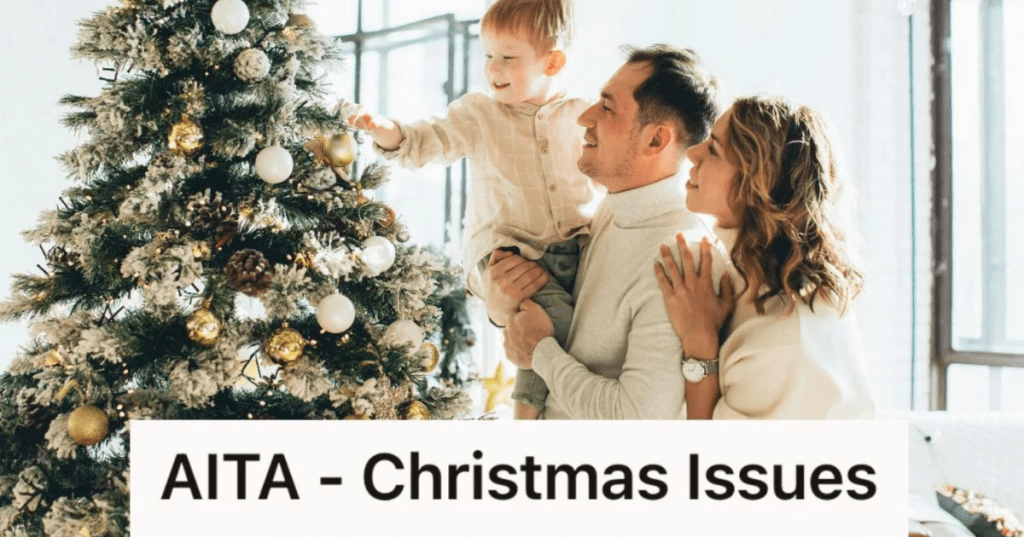 Mom, dad, and toddler looking at a Christmas tree at home