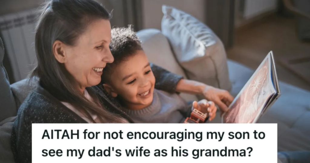 Grandmother reading a book to a young boy