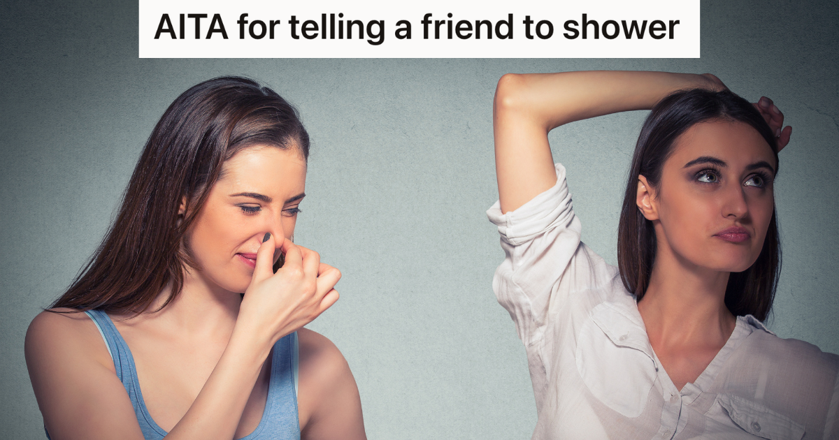 woman covers her nose while friend holds up her arm