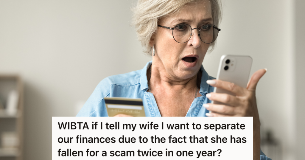 shocked woman looking at phone and holding credit card