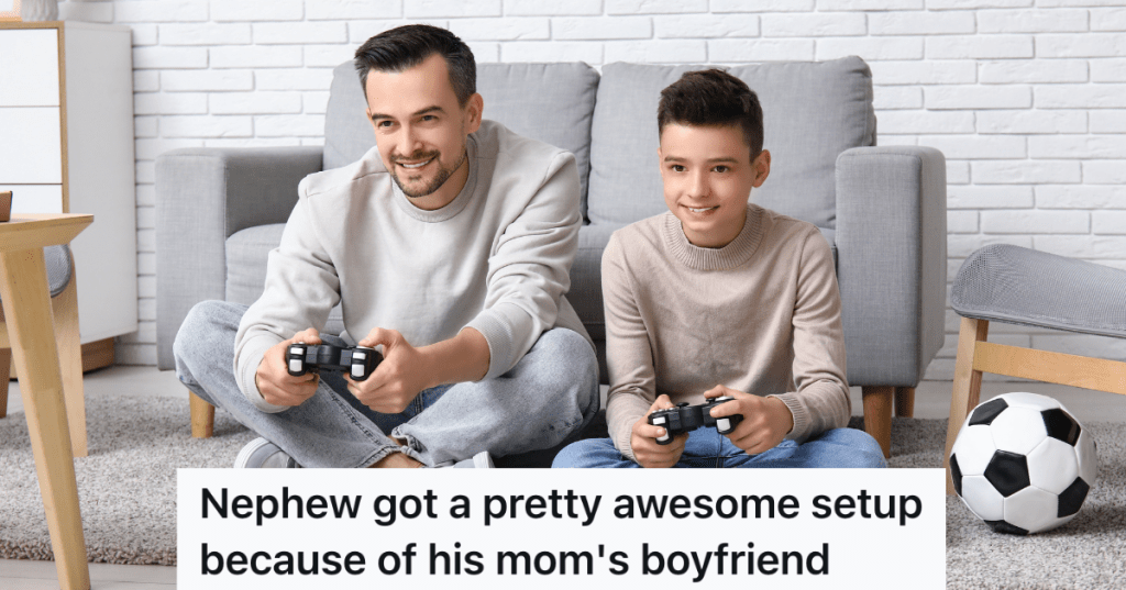 man and teenage boy playing video games