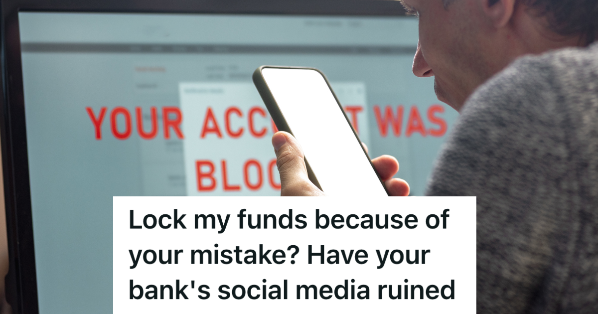 frustrated man looking at his phone and computer screen that reads "your account was blocked"