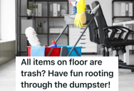 Custodian’s Manager Tells Him To Throw Away Paper That’s On The Floor, But When A Filing Cabinet Tips Over, She Realizes Her Mistake