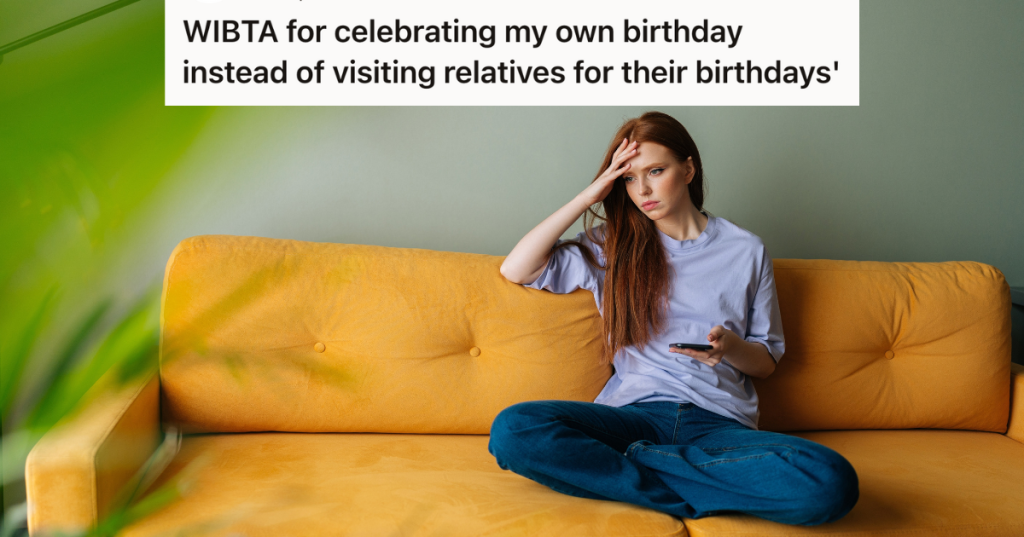 woman sitting on an orange couch thinking