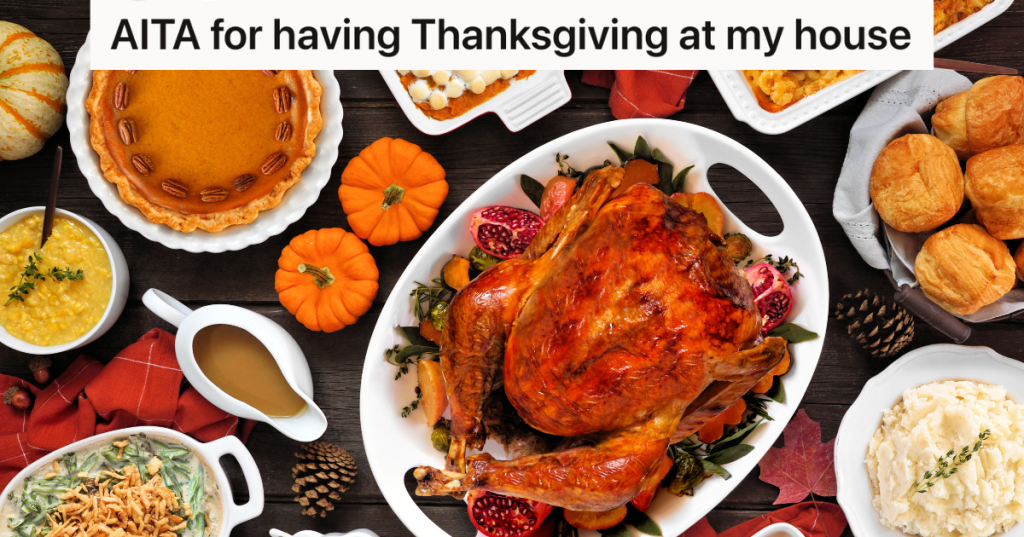 traditional Thanksgiving food on a table including turkey and pumpkin pie