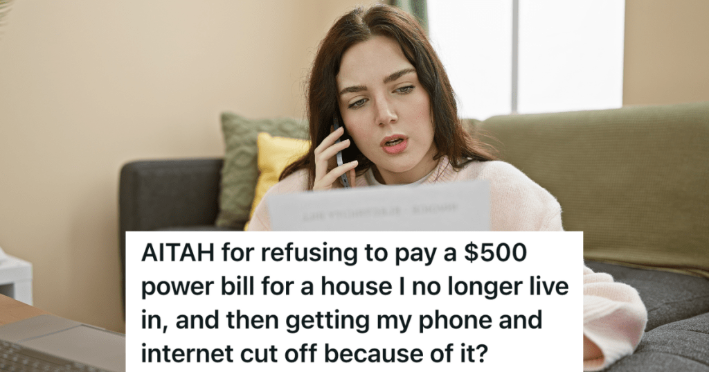 woman on the phone while looking at a bill