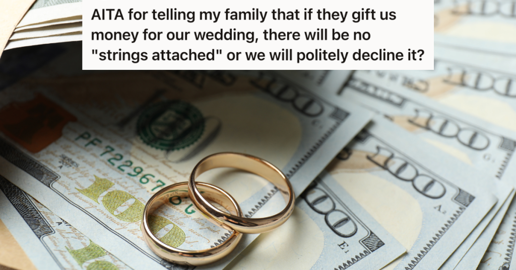 two gold wedding bands on top of a bunch of $100 bills