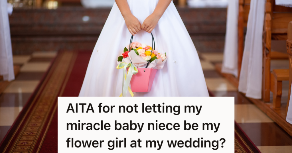 girl in a white dress in the middle of the church with a basket of flowers in her hands