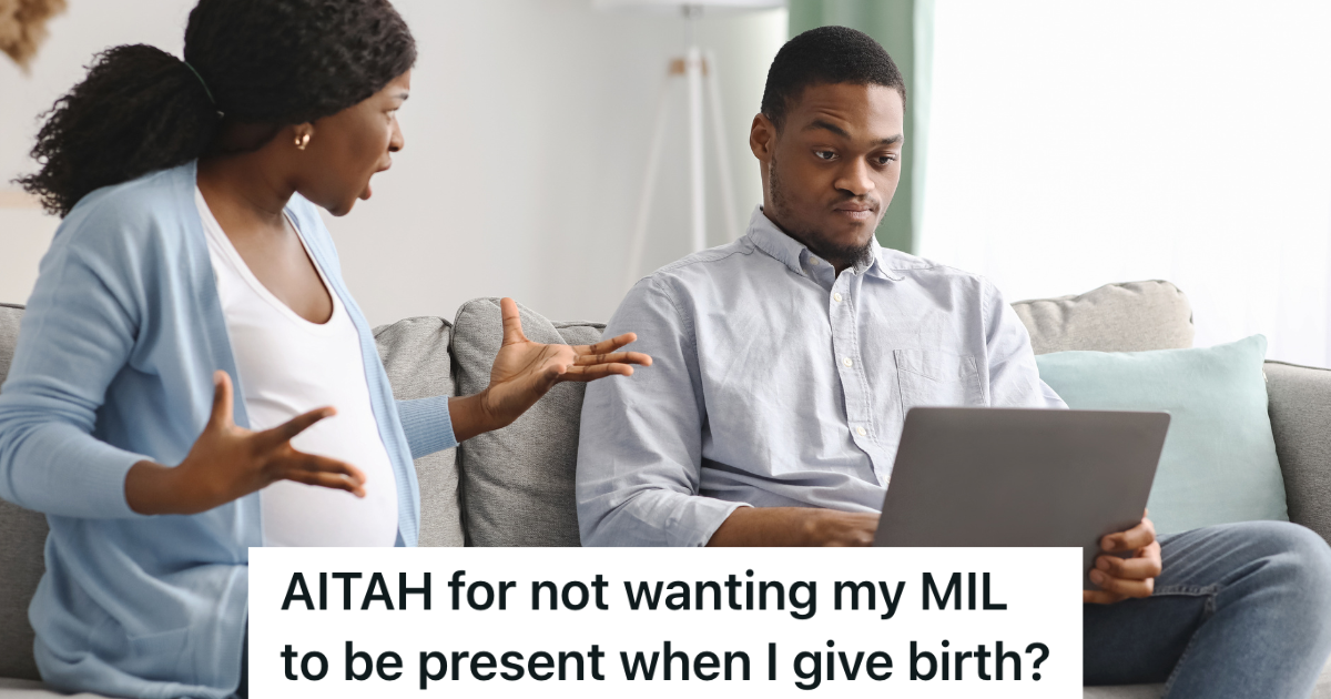 Pregnant Woman Doesnt Want Her Mother In Law In The Delivery Room, But Her Boyfriend Thinks The Birth Isnt About Her pregnant woman yelling at boyfriend who is looking at laptop
