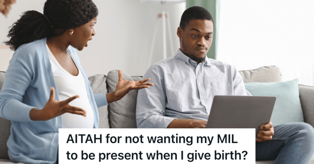 pregnant woman yelling at boyfriend who is looking at laptop