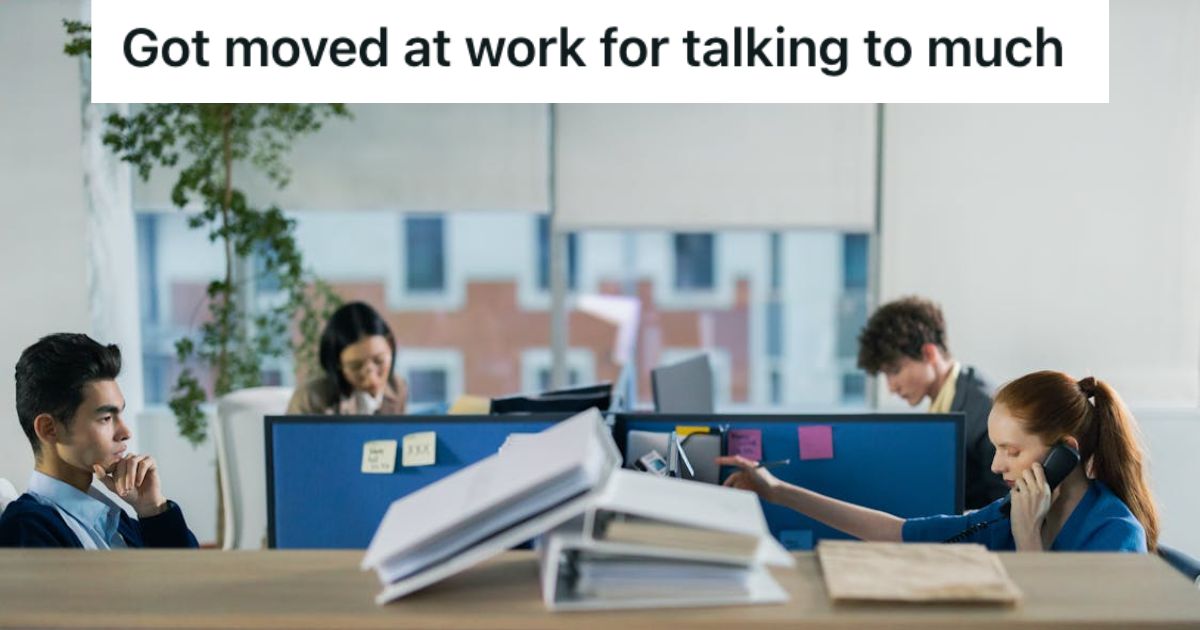 Boss Reorganized Employees Seats To Separate Office Friends, But This Employee And Her Coworkers Continued To “Collaborate” Employees working in the office saparated by cubicles