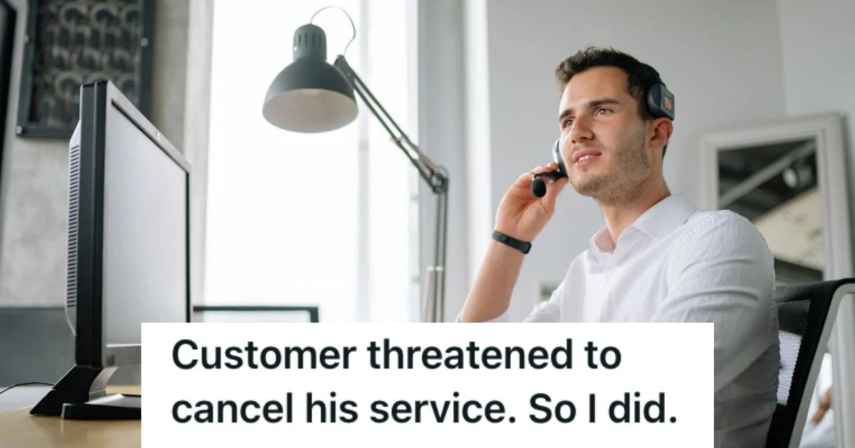 Call center worker talking to a customer using his headset