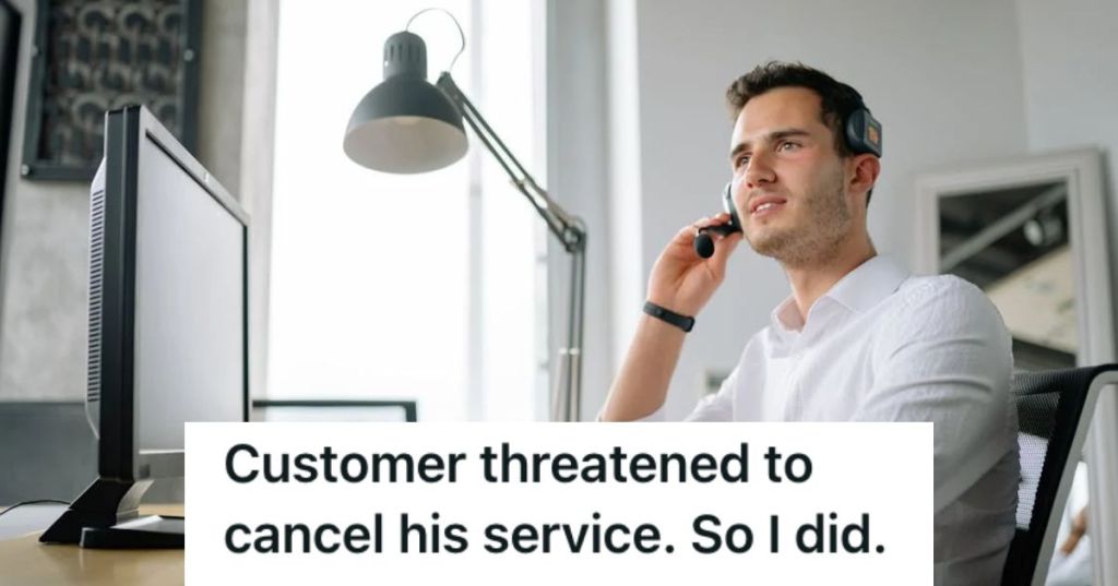 Call center worker talking to a customer using his headset