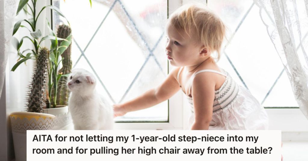 Baby holding a white cat by the window