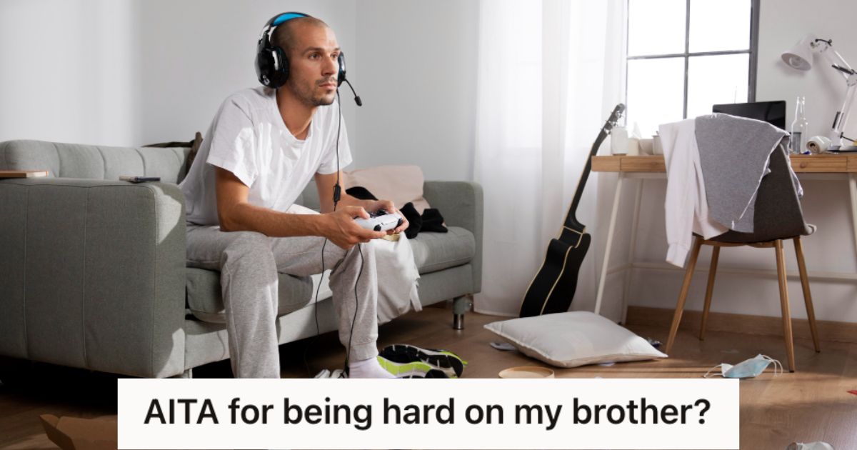Man with headphones playing video games in a dirty room